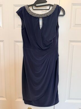 Alex Evenings Navy Midi Dress with Beaded Collar